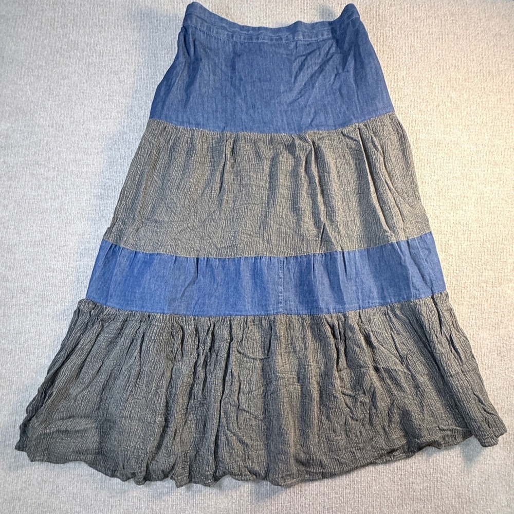 Young Threads Womens Blue Denim Grey Tiered Maxi Skirt Elastic Waist Size L NEW - Picture 3 of 7
